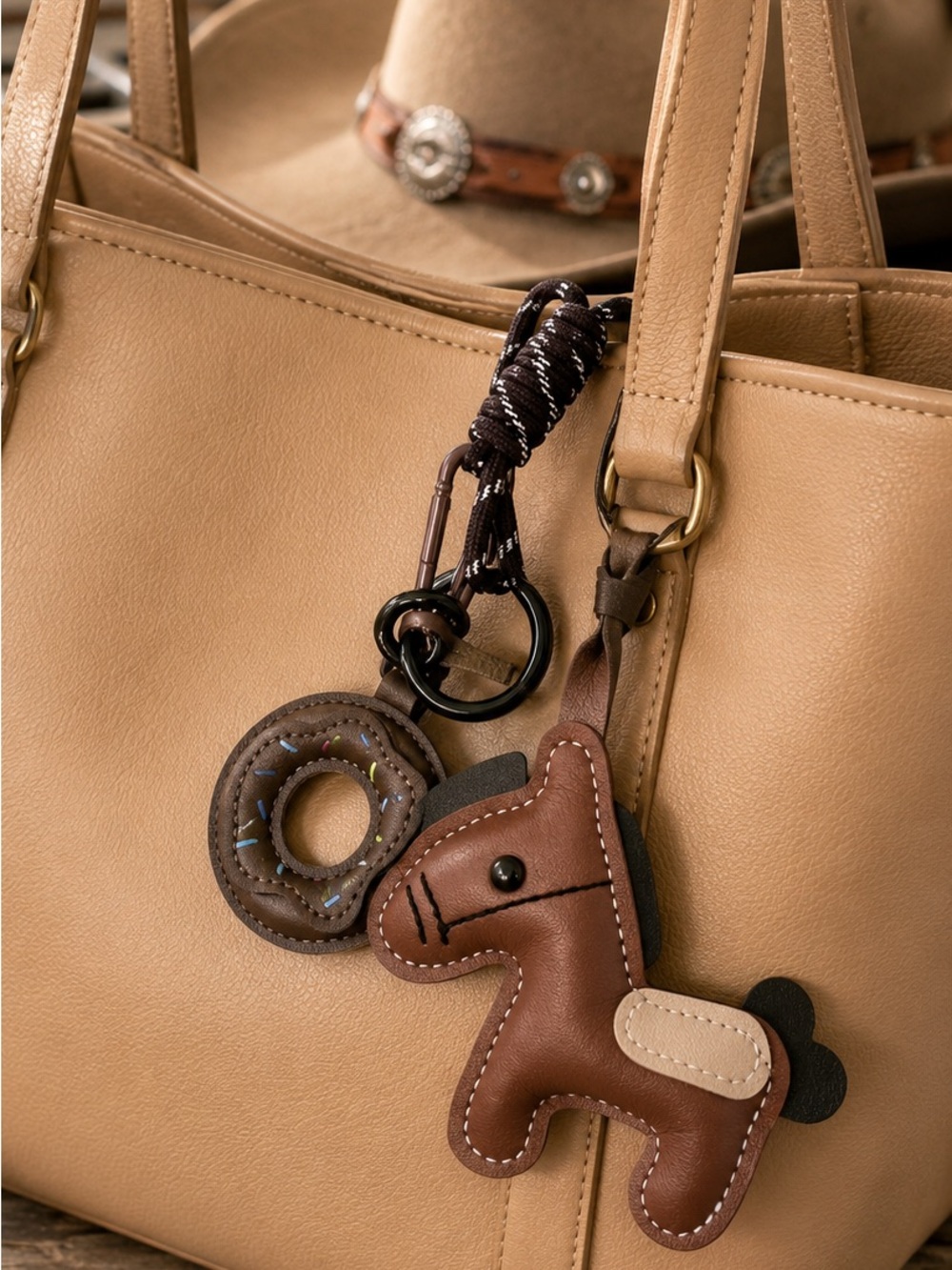 Brown Horse & Donut Faux Leather Bag Charm Keychain New